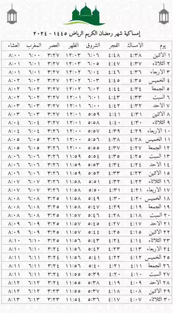 إمساكية شهر رمضان بالسعودية 