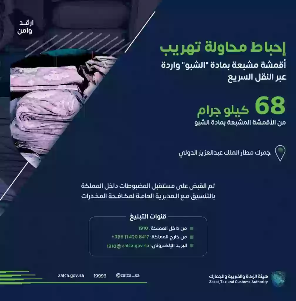 إحباط محاولة تهريب 68 كيلوجرام من الأقمشة المشبعة بمادة “الشبو”